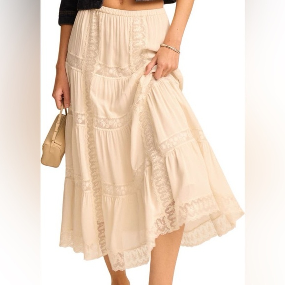 NWT Reformation Maevie Fulled Lined Lace Inset Tiered Skirt Cream Size 8